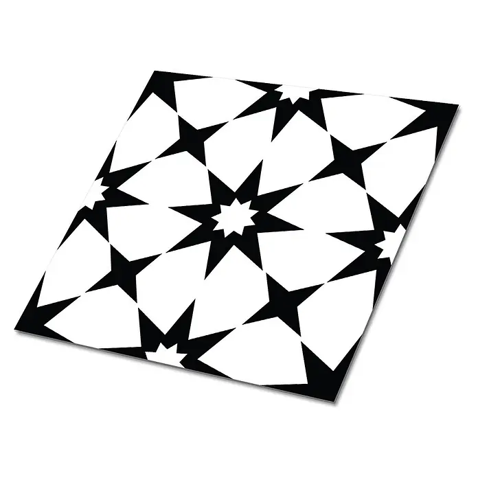 Tulup Wandfliese - Glänzend - Schwarz-weißes geometrisches Muster aus sich wiederholenden achtzackigen Sternen und verschlungenen Formen.