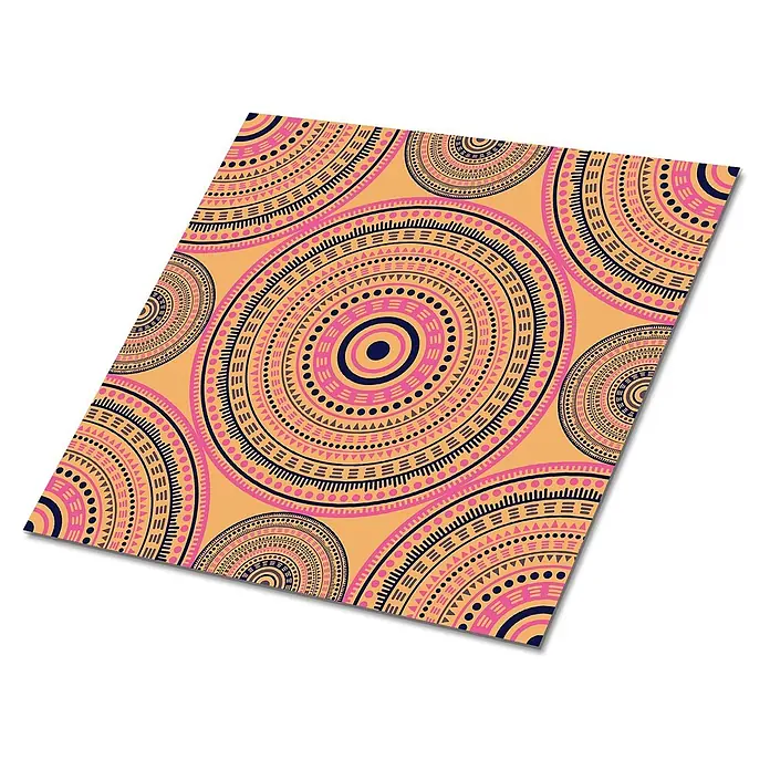 Tulup Wandfliese - Glänzend - Dekorativer Druck mit geometrischen Kreismustern in Orange, Pink und Dunkelblau.