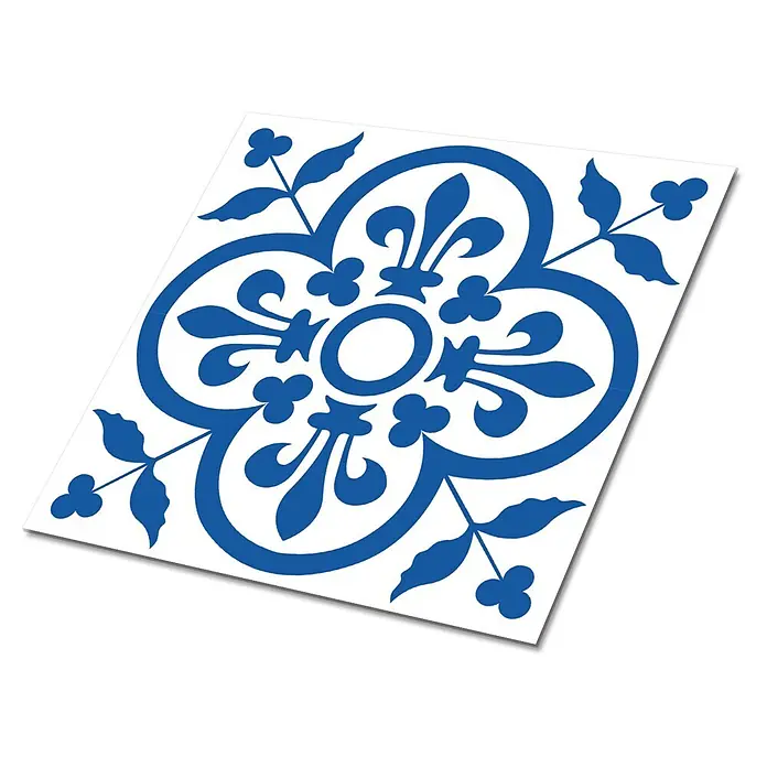Selbstklebende Fliesen 9 Stück 30x30 cm - Königliche Motive -  - Blau-weiße Dekorkachel mit symmetrischem Blumen- und Lilienmuster.