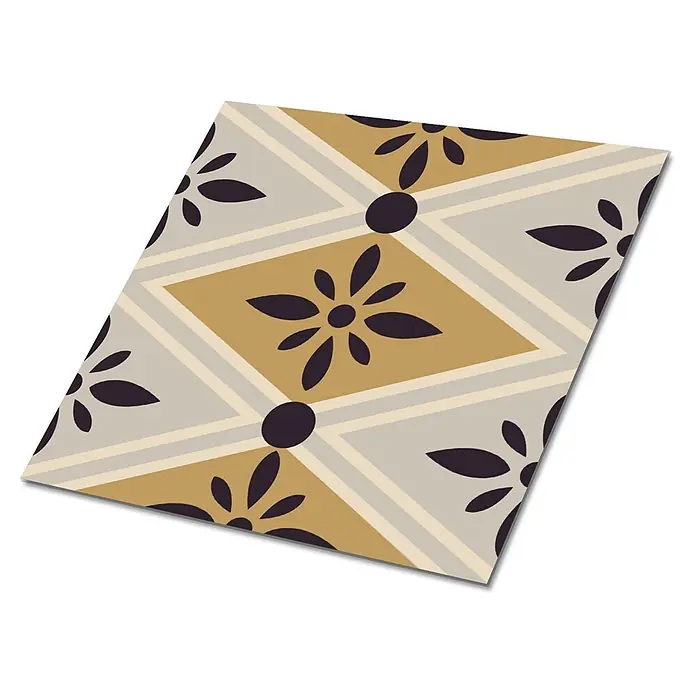 Selbstklebende Fliesen 9 Stück 30x30 cm - Blumenmuster -  - Dekorative Boden- oder Wandfliese mit wiederholendem Muster aus goldenen und hellgrauen Rauten mit dunklen Blumenmotiven.