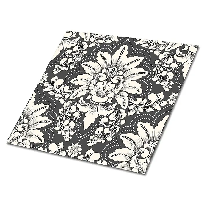 Tulup Wandfliese - Glänzend - Opulentes Damastmuster auf dunkelgrauem Untergrund, mit cremefarbenen Blumen- und Rankenmotiven und weißen Punkten.