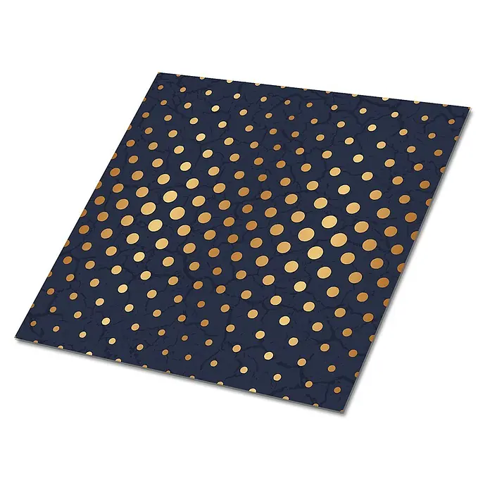 Selbstklebende Fliesen 9 Stück 30x30 cm - Goldene Punkte -  - Dunkelblaues Blatt mit goldenen Punkten und feiner Rissstruktur.