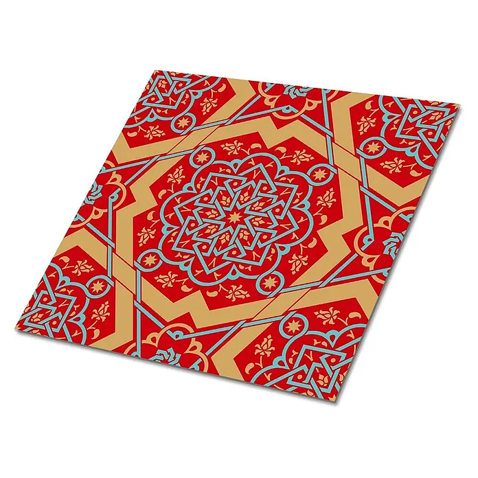 Tulup Wandfliese - Glänzend - Rotes, goldfarbenes und hellblaues geometrisches Muster mit Sternen und Blumenmotiven, von oben gesehen.