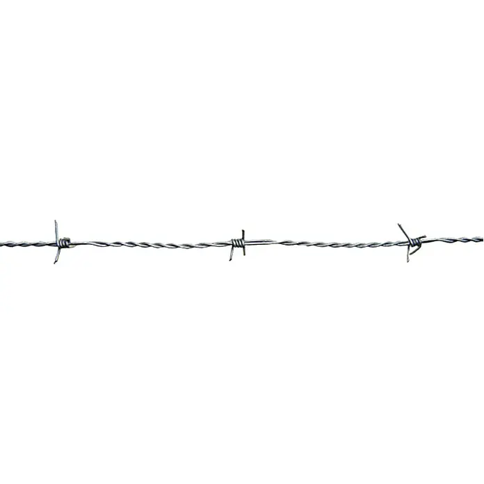 Stacheldraht - Drahtstärke: 1,6 mm, Länge: 50 m - Nahaufnahme von Stacheldraht, der als Barriere und Sicherheitsmaßnahme dient, isoliert auf einem weißen Hintergrund.
