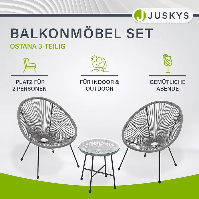 Juskys Loungemöbel-Set Ostana - 3 -tlg., Seil, hellgrau