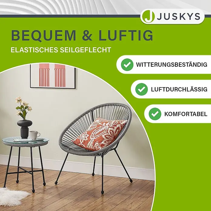 Juskys Loungemöbel-Set Ostana - 3 -tlg., Seil, hellgrau