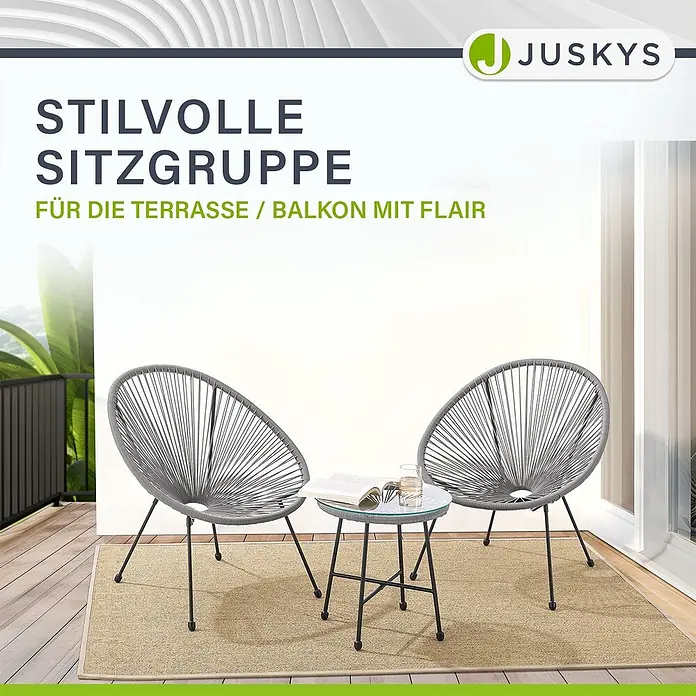 Juskys Loungemöbel-Set Ostana - 3 -tlg., Seil, hellgrau