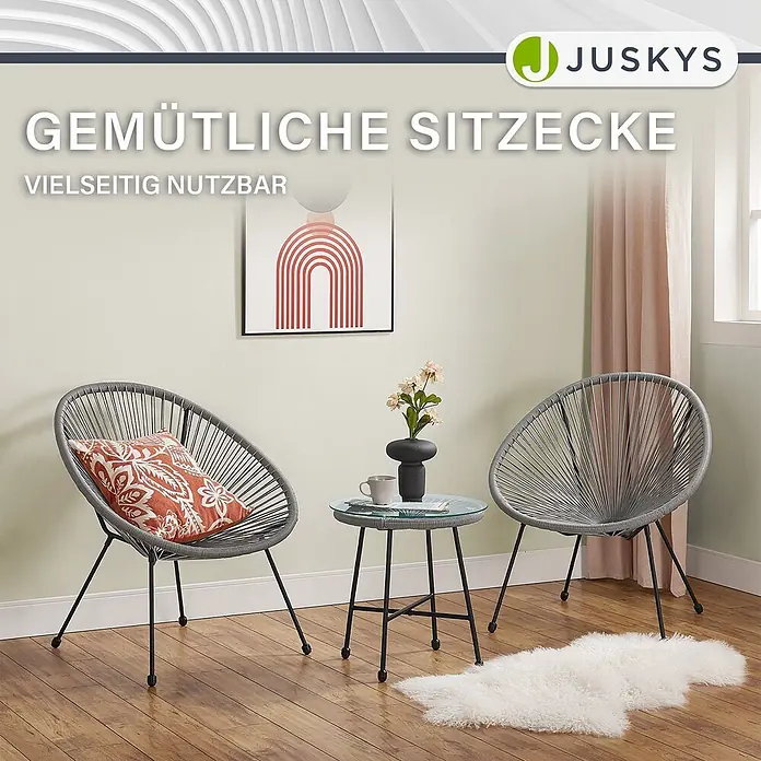 Juskys Loungemöbel-Set Ostana - 3 -tlg., Seil, hellgrau