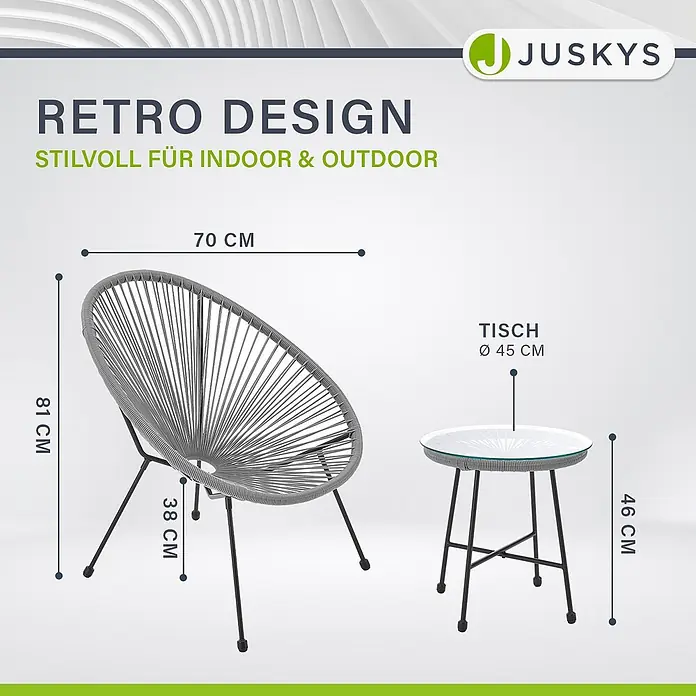 Juskys Loungemöbel-Set Ostana - 3 -tlg., Seil, hellgrau