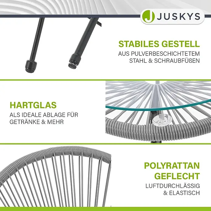 Juskys Loungemöbel-Set Ostana - 3 -tlg., Seil, hellgrau