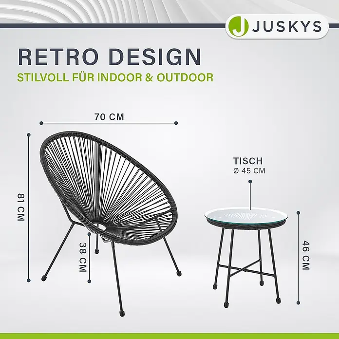 Juskys Loungemöbel-Set Ostana - 3 -tlg., Seil, Schwarz