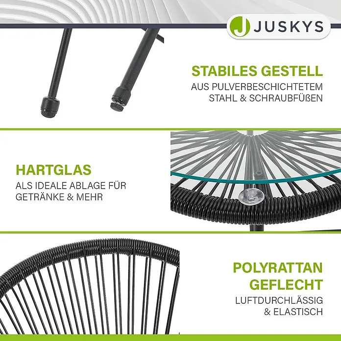 Juskys Loungemöbel-Set Ostana - 3 -tlg., Seil, Schwarz