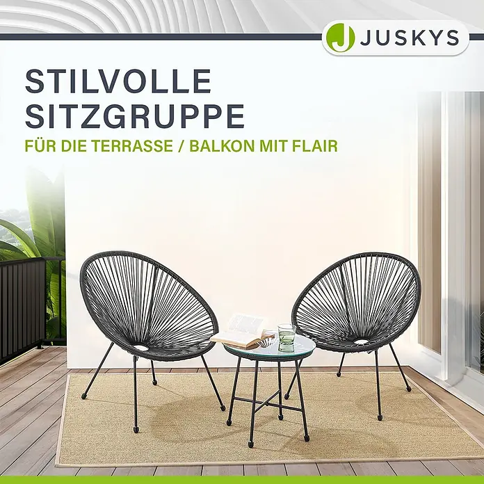 Juskys Loungemöbel-Set Ostana - 3 -tlg., Seil, Schwarz