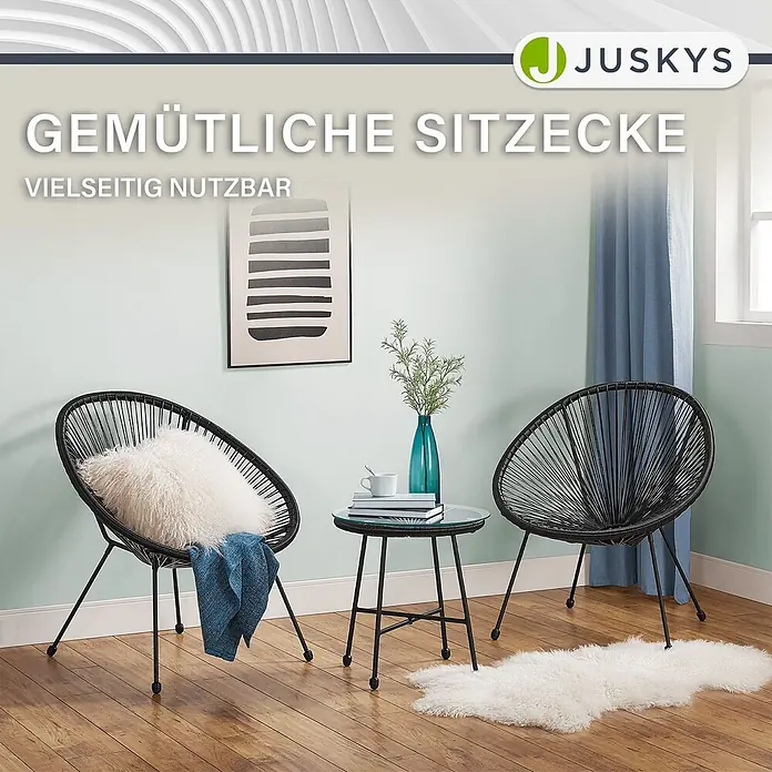 Juskys Loungemöbel-Set Ostana - 3 -tlg., Seil, Schwarz