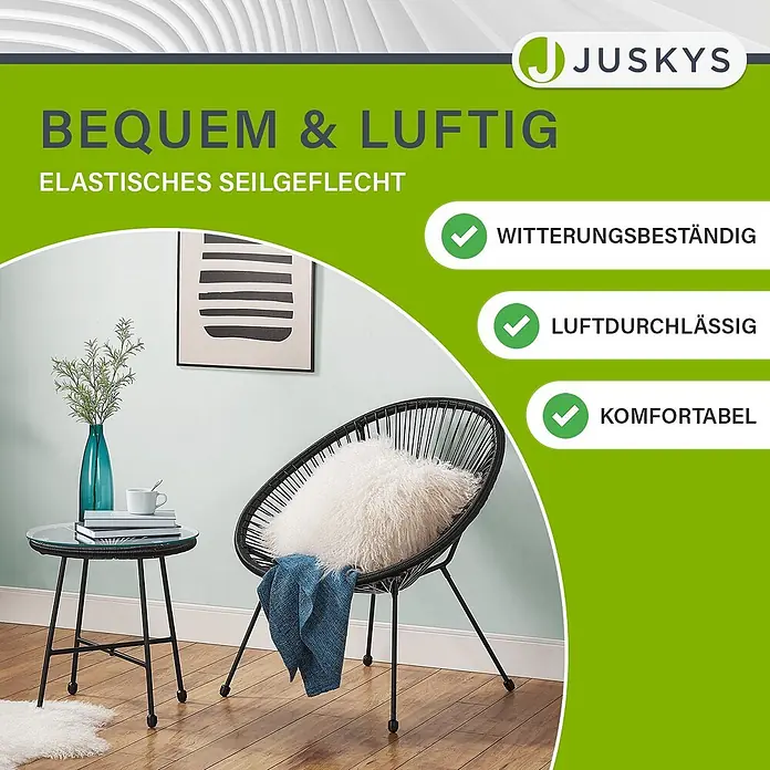 Juskys Loungemöbel-Set Ostana - 3 -tlg., Seil, Schwarz