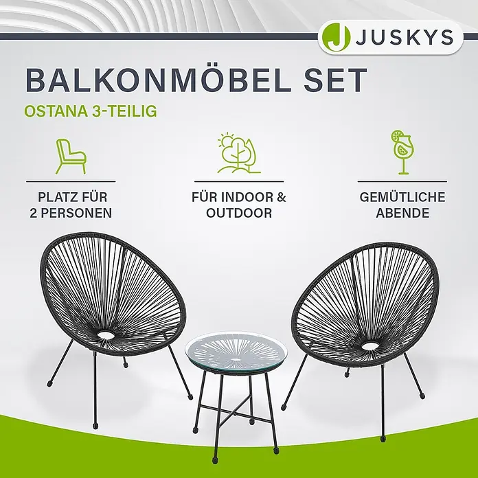Juskys Loungemöbel-Set Ostana - 3 -tlg., Seil, Schwarz