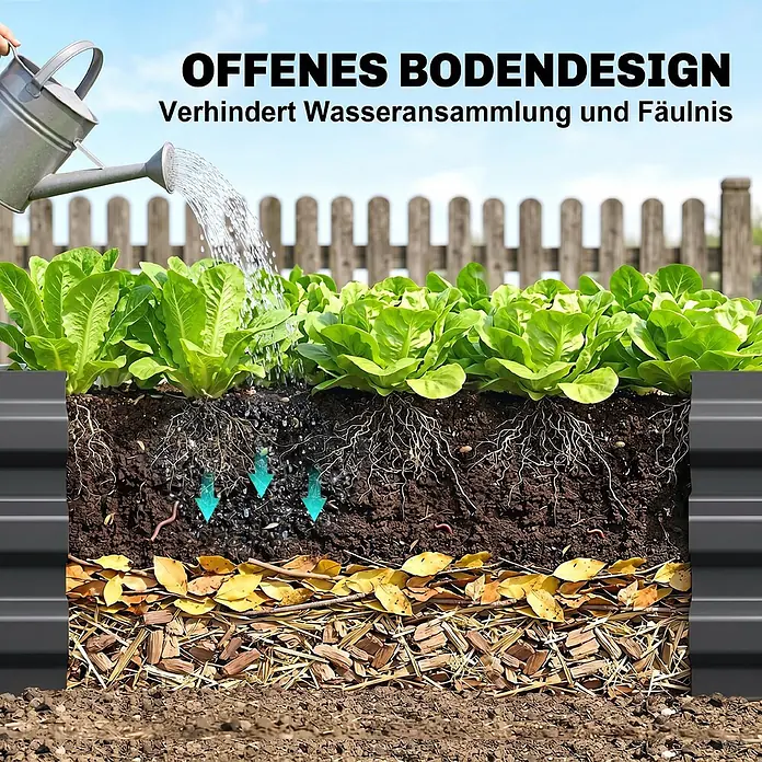 Furnicato Hochbeet aus verzinktem Stahl, 240 x 60 x 30 cm, Dunkelgrau -  - Graues, geriffeltes Hochbeet mit Schnittansicht, die ein offenes Bodendesign, Erdschichten und Drainage für gesundes Pflanzenwachstum zeigt.