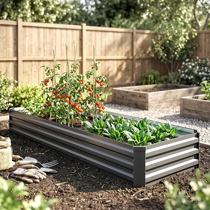 Furnicato Hochbeet aus verzinktem Stahl, 240 x 60 x 30 cm, Dunkelgrau -  - Dunkelgraues Wellblech-Hochbeet mit Tomaten und Spinat in einem Garten, mit Gartengeräten und weiteren sichtbaren Holz-Hochbeeten.