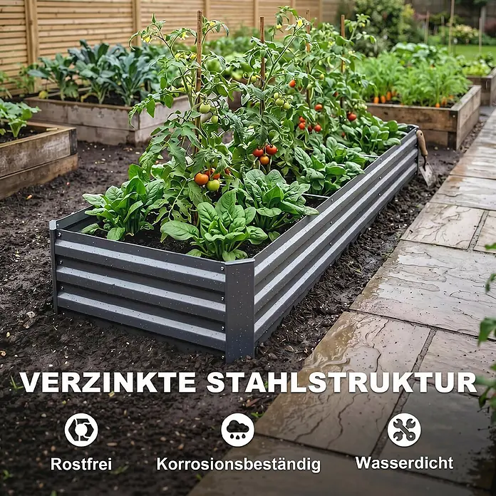 Furnicato Hochbeet aus verzinktem Stahl, 240 x 60 x 30 cm, Dunkelgrau -  - Langes dunkelgraues Hochbeet aus verzinktem Stahl, bepflanzt mit Tomaten und Spinat im Garten.