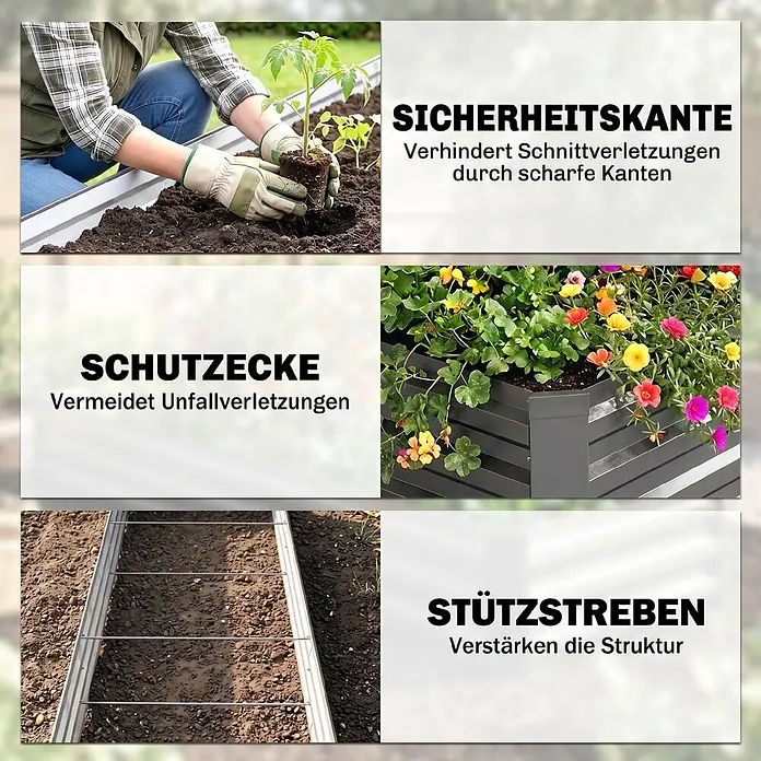 Furnicato Hochbeet aus verzinktem Stahl, 240 x 60 x 30 cm, Dunkelgrau -  - Collage zeigt ein Metall-Hochbeet mit Sicherheitskanten, Schutzecken und inneren Stützstreben, für das Pflanzen genutzt.