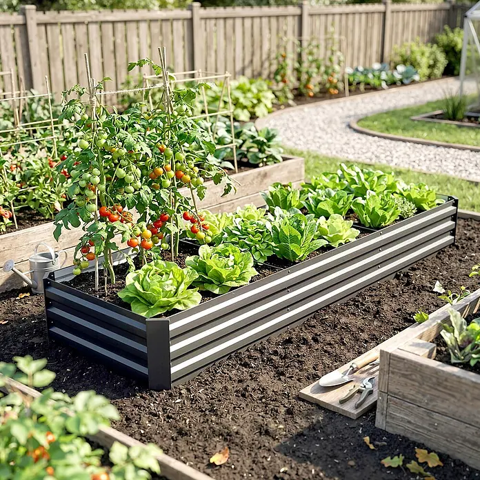 Furnicato Hochbeet aus verzinktem Stahl, 240 x 60 x 30 cm, Dunkelgrau -  - Schwarzes Metall-Hochbeet mit Salat und Tomatenpflanzen in einem Garten.