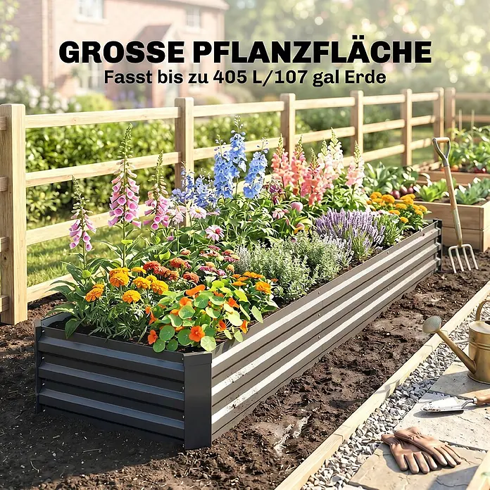 Furnicato Hochbeet aus verzinktem Stahl, 240 x 60 x 30 cm, Dunkelgrau -  - Dunkelgraues Metall-Hochbeet, gefüllt mit bunten Blumen und Pflanzen, fasst 405 L Erde.