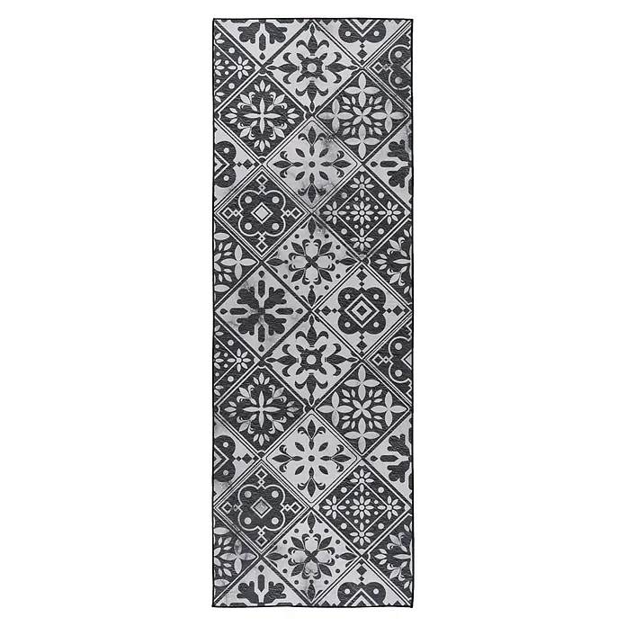 Kayoom Teppichläufer Pyron 725 - Grau, 180 x 60 cm, 100 % Polyester - Distressed schwarz-weißer Läufer mit geometrischen, marokkanischen Fliesenmustern.