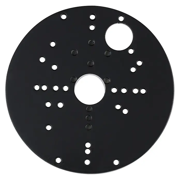 Starlux Eckanbindung - Durchmesser: 12 cm, Schwarz - Schwarze runde Montageplatte mit Löchern verschiedener Größe, inklusive großer Mittelöffnung und Schraubenlöchern.