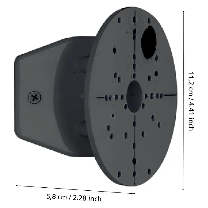Starlux Eckanbindung - Durchmesser: 12 cm, Schwarz - Dunkelgraue Halterung mit runder Lochplatte zur Gerätebefestigung.