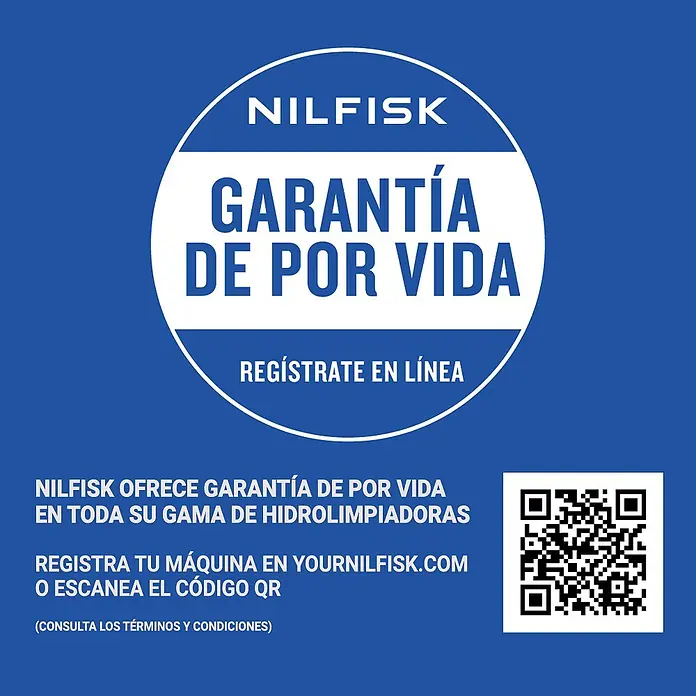Nilfisk Hidrolimpiadora de alta presión CORE 150 PC - 150 bar, 2.000 W, Capacidad de bombeo: 468 l/h - Promoción Nilfisk de garantía de por vida sobre fondo azul, registra tu hidrolimpiadora online, incluye código QR.