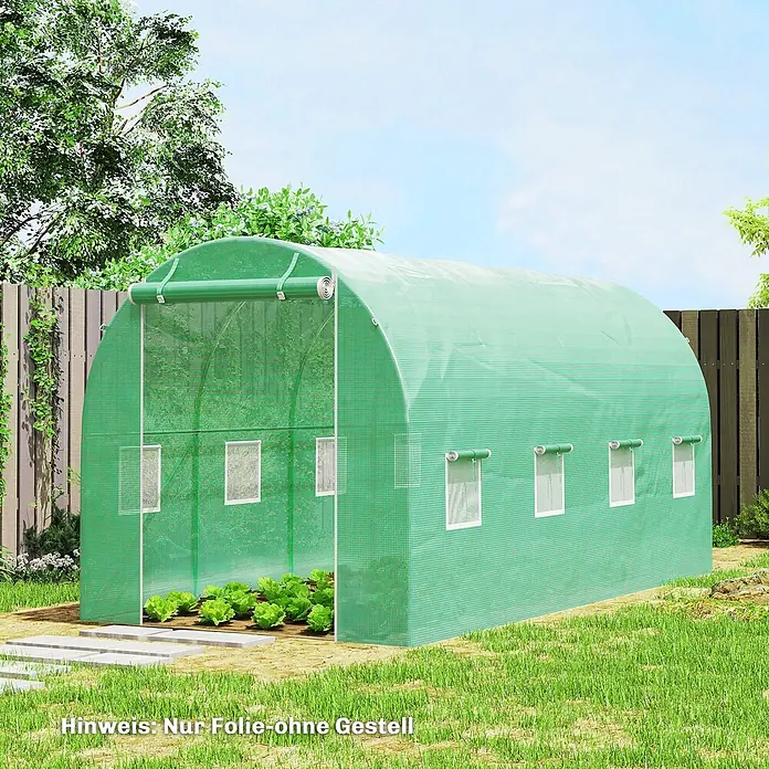 Furnicato Gewächshausfolie PE grün 400x200x200 cm -  - Grünes Folien-Gewächshaus mit Fenstern, zeigt Salatpflanzen im Garten. Nur Folie, Gestell nicht enthalten.