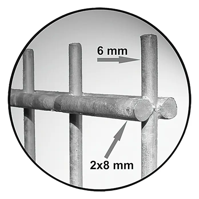 Hadra Mattenzaun SCHWER - L x H: 2,5 x 1,63 m, Silber - Nahaufnahme eines Metallgitters mit Größenangaben.
