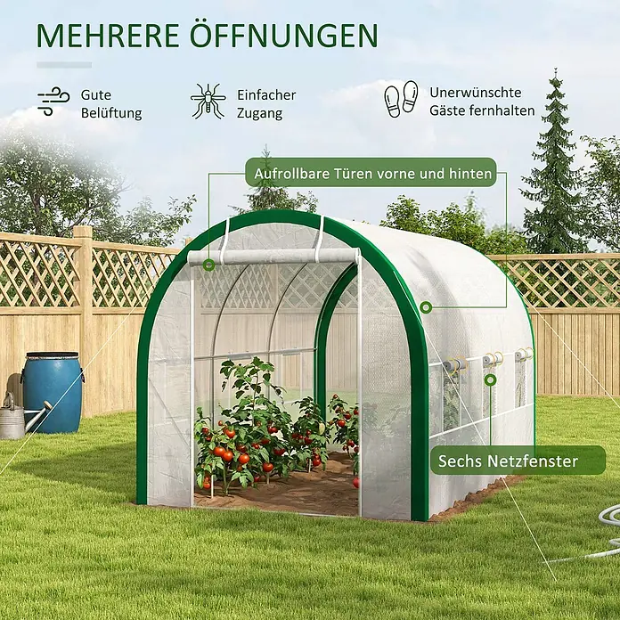 Furnicato Tunnel-Gewächshaus aus verzinktem Stahl, 358x210x210 cm, Weiß -  - Grünes Gewächshaus mit weißer Netzabdeckung im Garten. Bietet Belüftung durch aufrollbare Türen und sechs Netzfenster für Pflanzen wie Tomaten.