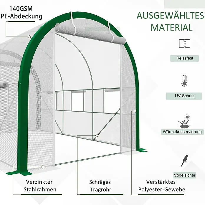 Furnicato Tunnel-Gewächshaus aus verzinktem Stahl, 358x210x210 cm, Weiß -  - Grünes Gewächshaus mit 140GSM PE-Abdeckung und verzinktem Stahlrahmen, reißfest, UV-geschützt, wärmeerhaltend und vogelsicher.