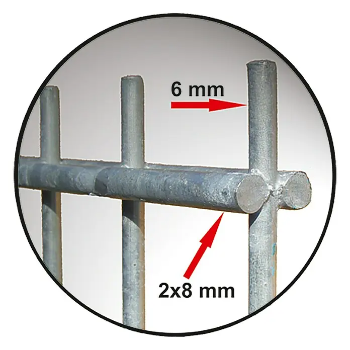 Hadra Mattenzaun SCHWER - L x H: 2,5 x 1,03 m, Silber - Nahaufnahme eines Metallzauns mit Maßangaben: 6 mm Stabdicke und 2x8 mm Querstab-Dimensionen.