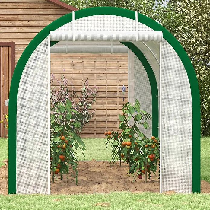 Furnicato Gewächshaus - 210 x 358 cm, Material Seitenwand: Stahl, 14 mm, Grau - Grünes und weißes Mini-Gewächshaus, schützt Tomatenpflanzen im Garten.