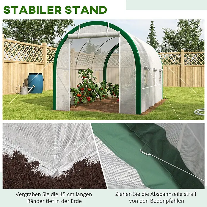 Furnicato Gewächshaus - 210 x 358 cm, Material Seitenwand: Stahl, 14 mm, Grau - Gewächshaus mit grünem Rahmen, weißer Abdeckung im Garten. Nahaufnahmen zeigen vergrabene Ränder und gespannte Abspannseile für Stabilität.