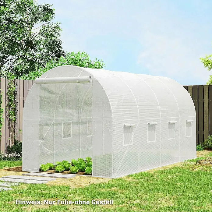 Furnicato Gewächshaus - 200 x 400 cm, Material Seitenwand: Kunststoff, 14 mm, silber - Weißer, halbtransparenter Gewächshausfolienbezug, montiert in einem Garten mit Pflanzen.