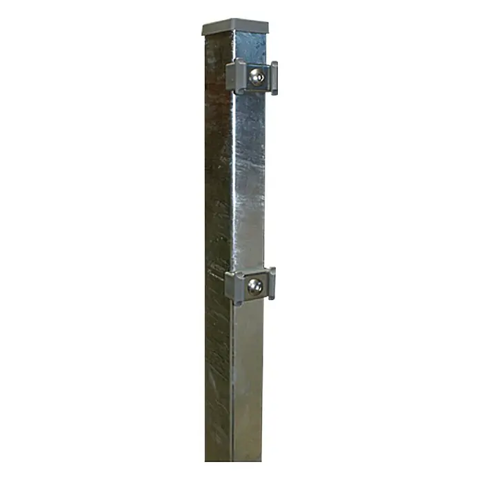 Hadra Zaunpfosten - Höhe: 1.500 mm, Silber, Metall - Ein silberner Vierkantpfosten mit zwei grauen Halterungen und einer grauen Endkappe. Dieser Pfosten eignet sich ideal für den Aufbau von Regalsystemen.