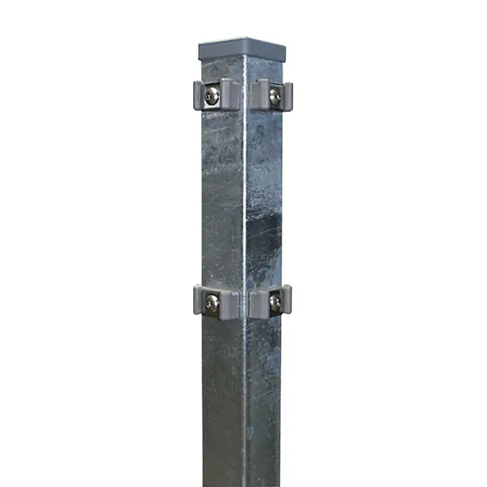 Hadra Eckpfosten - Höhe: 1.500 mm, Silber - Pfosten aus verzinktem Stahl mit grauem Abschluss und Befestigungsclips. Ideal für den Aufbau von Zäunen und anderen Konstruktionen.