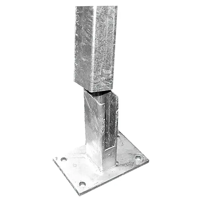 Hadra PfostenträgerGeeignet für: 60 x 40 mm Zaunpfosten - Pfostenfuß aus Metall mit quadratischer Grundplatte und Löchern zur Befestigung. Ideal für den Bau von Zäunen und Geländern.