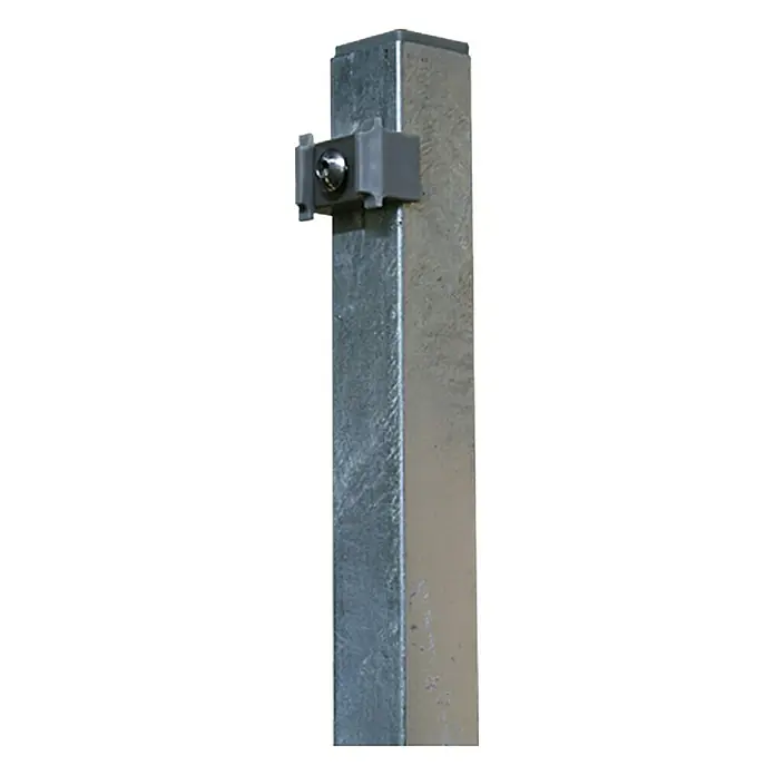 Hadra Zaunpfosten - Höhe: 125 cm, Silber, Stahl - Ein verzinkter Vierkantpfosten mit einer grauen Halterung, die ein kleines, kugelförmiges Objekt hält. Ideal für Zäune und Schilder.