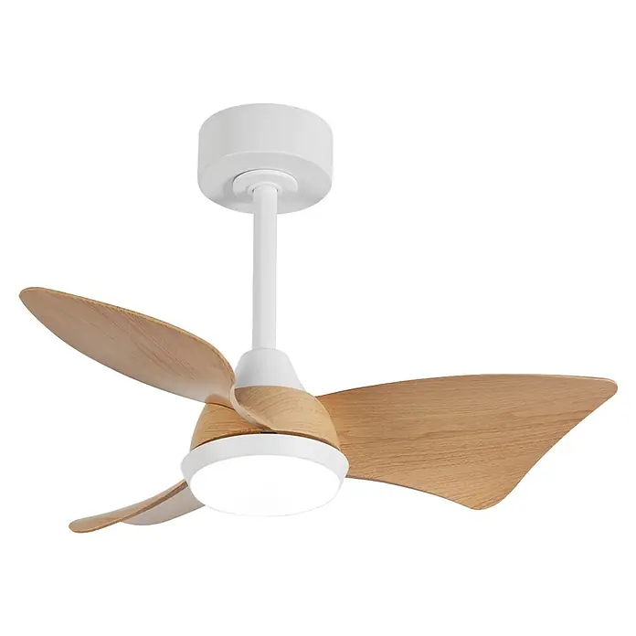 Alemar Ventilador de techo Tauro - Blanco/Madera, 76 cm, 30 W, Blanco neutro - Ventilador de techo blanco moderno con aspas curvas de madera clara y luz LED integrada.