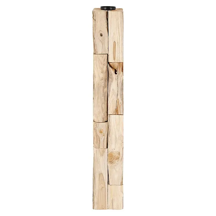 Kerzenständer Erosion - 18 x 18 x 118 cm, Holz, Braun - Hoher, schlanker Kerzenhalter aus gestapelten Naturholzblöcken mit schwarzer Metallplatte.