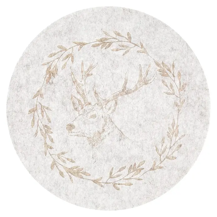 Platzset Hirsch - 1 Stk., Sortiert, Durchmesser: 38 cm - Runde filzartige Matte in Hellgrau/Beige mit Hirschkopf und Blätterkranzmotiv.