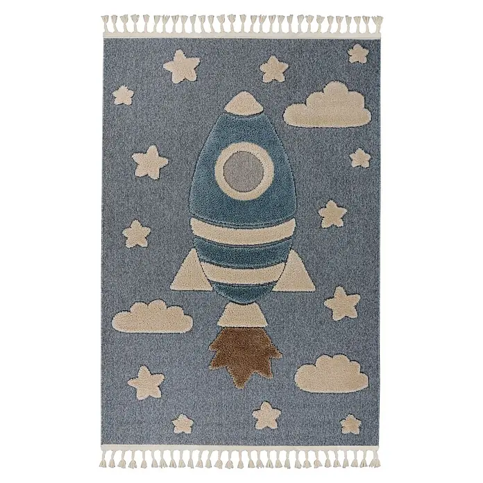 Kayoom Kinderteppich Modena 416 - Blau, 230 x 160 cm, 100 % Polypropylen - Blauer Kinderteppich mit Quasten, getuftetem Raketen-, Sternen- und Wolkenmotiv in Beige und Braun.