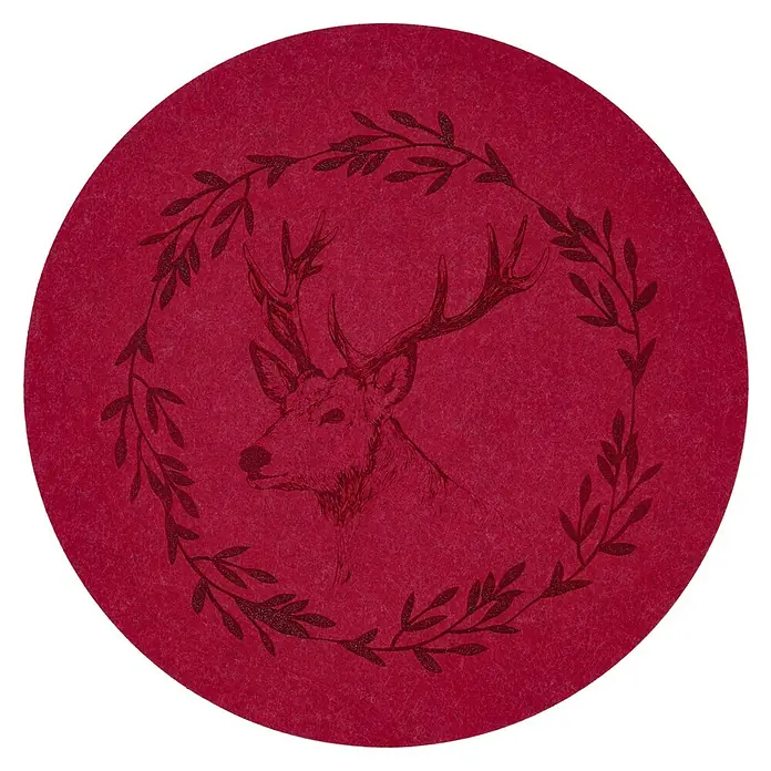 Tisch-Set Hirsch - 1 Stk., Sortiert, Durchmesser: 38 cm - Rundes, dunkelrotes Filz-Tischset mit Hirschkopf und Lorbeerkranz.