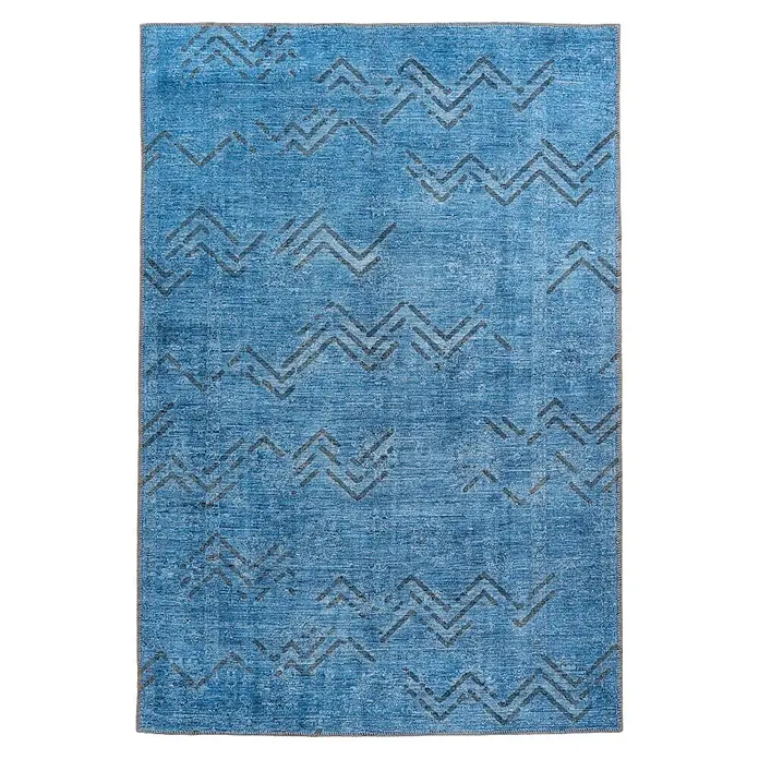 Kayoom Kurzflorteppich Antique 325 - Blau, 150 x 80 cm, 100 % Polyester - Blauer, strukturierter Teppich mit Zickzackmuster.