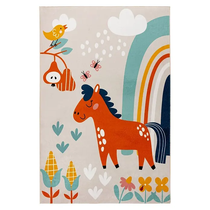 Kayoom Kinderteppich Wonder 132 - Bunt, 230 x 160 cm, 100 % Polyester - Rechteckiger Kinderteppich mit farbenfroher, verspielter Illustration von Pferd, Regenbogen, Vogel und Blumen.