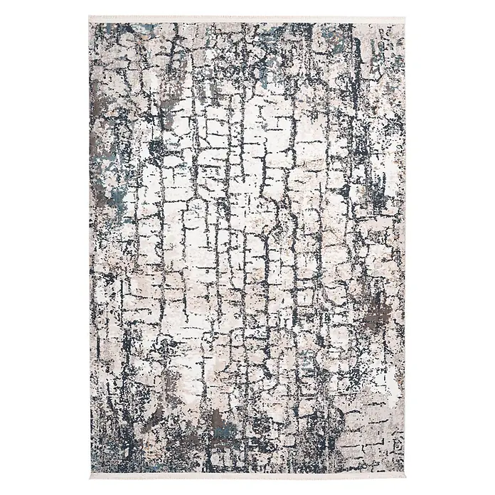 Kayoom Kurzflorteppich Akropolis 125 - Grau/Blau, 180 x 120 cm, 100 % Polyester - Abstrakter Teppich in Grau, Blau und Braun mit distressed gitterartigem Muster auf cremefarbenem Hintergrund.